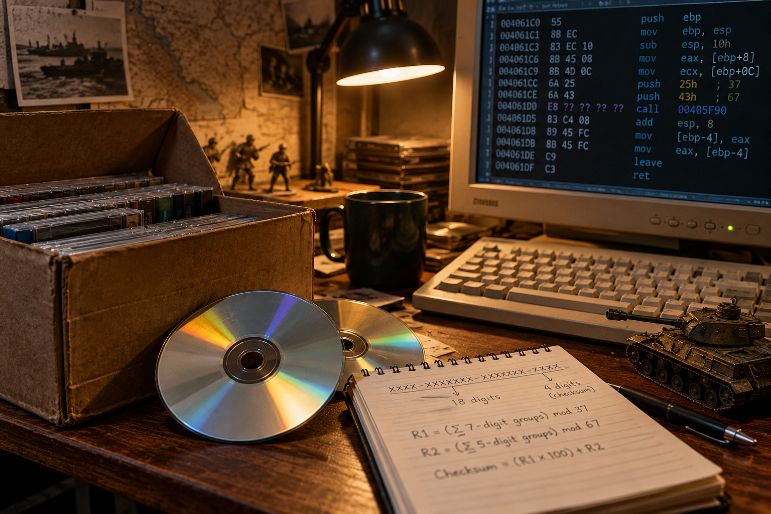 A nostalgic PC workbench with old discs and reverse-engineering notes
