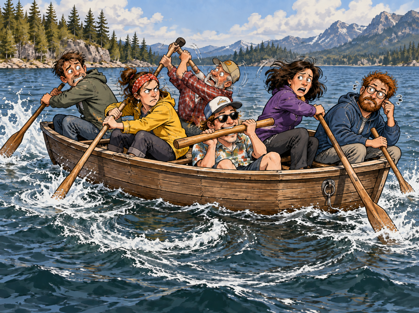 A chaotic boat crew rowing in different directions while one person chews on an oar